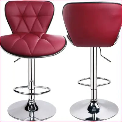 Two adjustable bar stools in wine red and chrome, Leader Shell design, stylish set