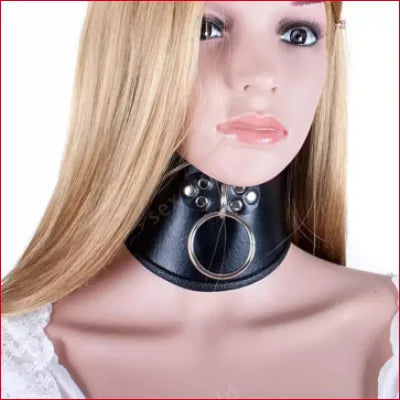 Black leather collar with studs and ring for playful BDSM, featuring faux leather design