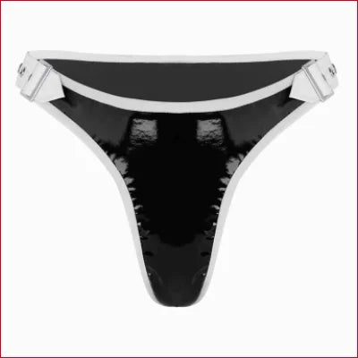 Black and white thong underwear with adjustable side straps and faux leather accents