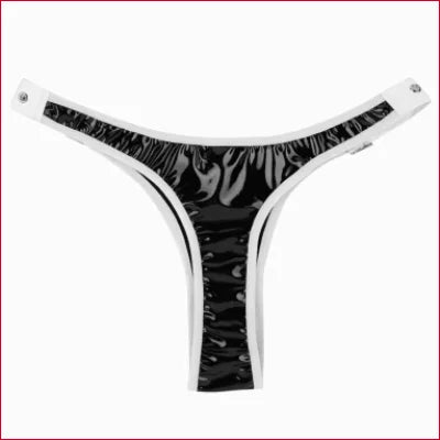 Black shiny thong underwear with white trim and adjustable faux leather belt with white buckle