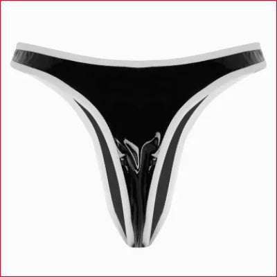 Black thong underwear with white trim paired with an Adjustable Black Faux Leather Belt