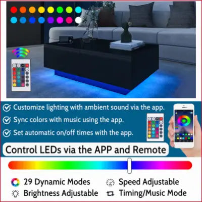 LED Coffee Table with remote, featuring 4 drawers modern center, and stylish high gloss finish