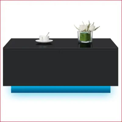 Black LED Coffee Table with blue LED lighting and four drawers modern center design