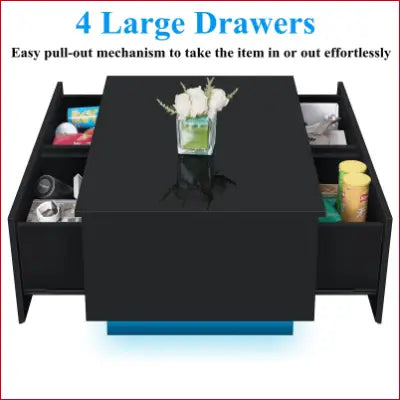 Black LED Coffee Table with 4 Drawers Modern Center for stylish living room decor