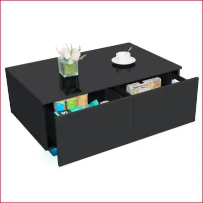 Black LED Coffee Table with open drawers modern center for stylish living room décor