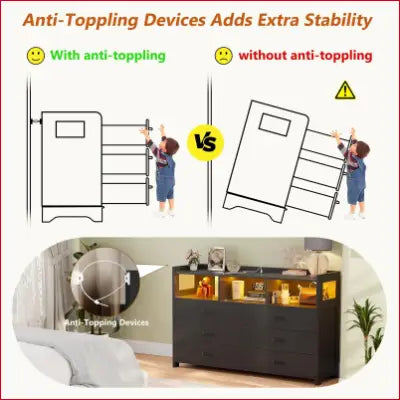 Anti-toppling dresser safety demonstration for LED Dresser for Bedroom 6 Drawers, Modern Dresser