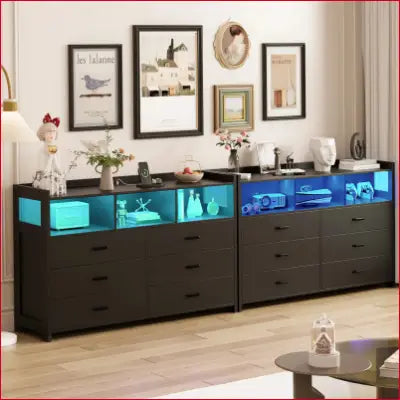 Illuminated modern dresser wooden with power outlets in sleek black finish