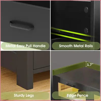 Dark-colored furniture details of the LED dresser for a modern bedroom with power outlets