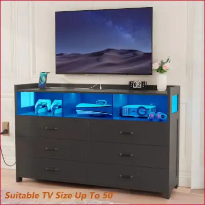 Gray modern dresser wooden with blue LED lighting for stylish bedroom storage