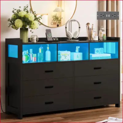 Black LED dresser with illuminated display shelves and six drawers for modern bedrooms