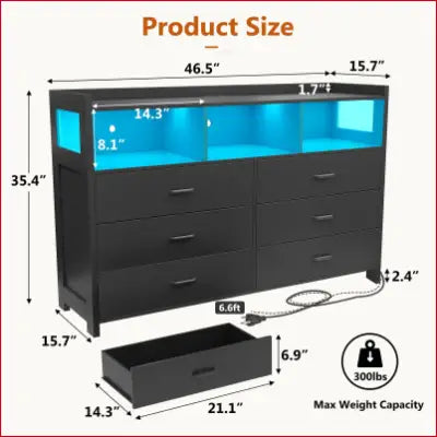 Black LED dresser with illuminated shelves and dimensions in a modern design