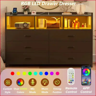 Brown LED dresser for bedroom with RGB lighting and six wooden drawers