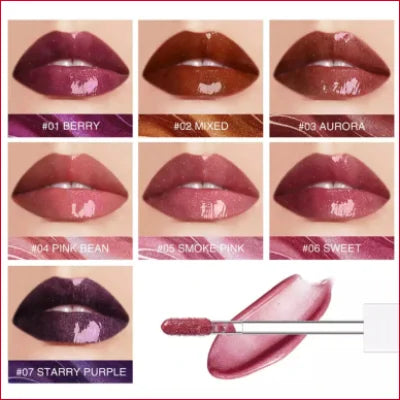 Collection of lipgloss gel makeup shades from berry to purple on model’s lips