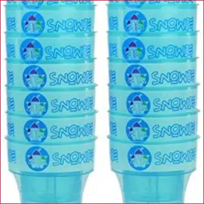 Stacks of blue plastic Snowie cups for the Little Max Snow Cone Machine and premium shaved ice