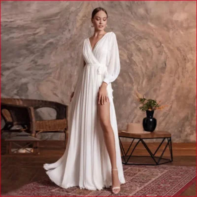 Elegant Long Sleeves Wedding Dress Slit Bridal Gown in White or Ivory