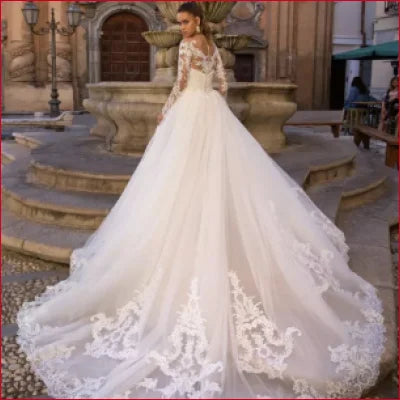 Elegant Long Detachable Train Lace Sleeves Wedding Dress in White and Ivory