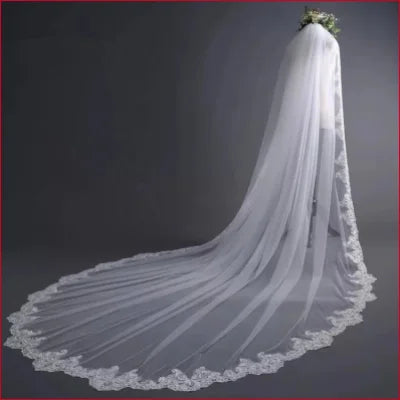 Long Tulle Bridal Comb Veil with lace edging and cathedral-length train for weddings