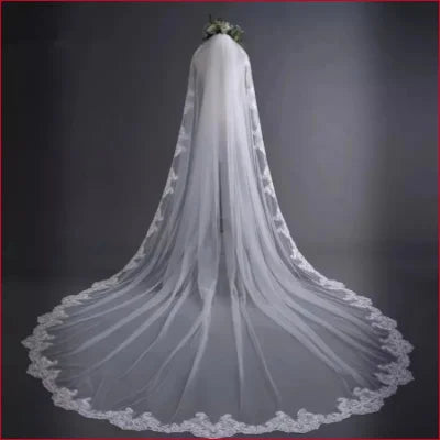 Long Tulle Bridal Comb Veil featuring intricate lace trim for elegant wedding looks