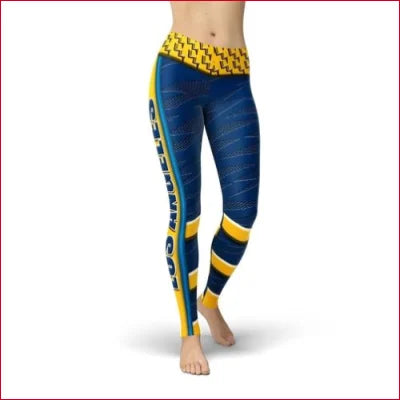 Colorful Soft Lycra Los Angeles Leggings featuring blue, yellow, and geometric patterns