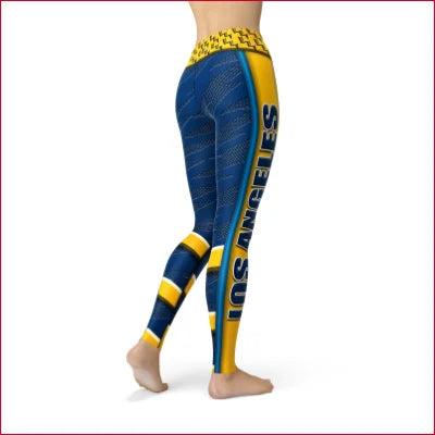 Blue and yellow Soft Lycra Los Angeles Leggings with stylish side text design