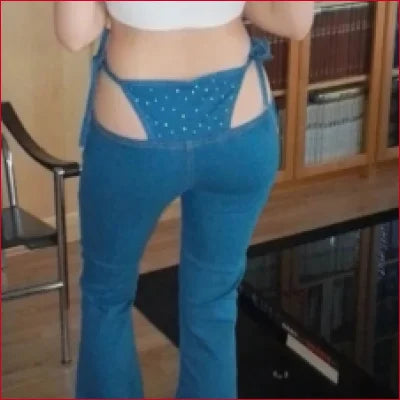 Blue flared Whale Tail Illusion Thong Leggings Jeans with side cutouts and sparkly waistband