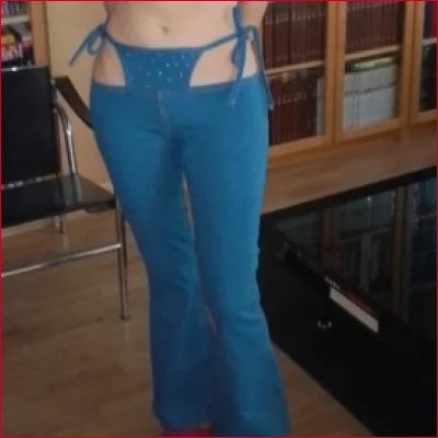 Bright blue Whale Tail Illusion Thong Leggings Jeans with tie closures at waistband