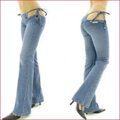 Light blue flared drawstring whale tail illusion thong leggings jeans for women