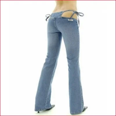 Light blue flared jeans with drawstring ties, perfect whale tail illusion thong leggings jeans