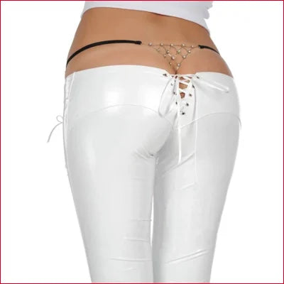 Sexy Low Rise PVC Vinyl Leggings showcasing lace-up pants with thong underwear visibility