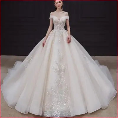 Luxury Handmade Neck Wedding Dress With Train Lace Flower Bridal Dress Elegant The Shoulder Ball Gown Robe De Mariee Customized - Off white