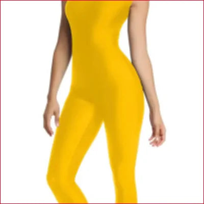 Bright yellow sleeveless Lycra Supplex jumpsuit worn by a person showcasing style