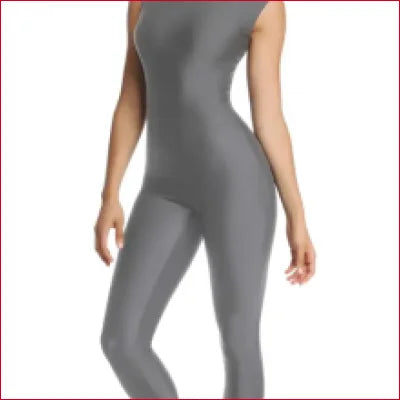 Gray sleeveless Lycra Supplex jumpsuit displayed on a model showcasing its sleek design