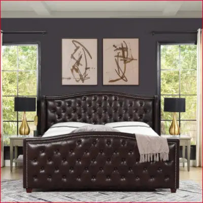 Tufted brown leather bed from Marcella Upholstered Shelter Headboard Bed Set, King size