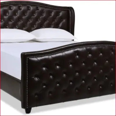 Marcella Upholstered Shelter Headboard Bed Set in vintage brown tufted leather finish