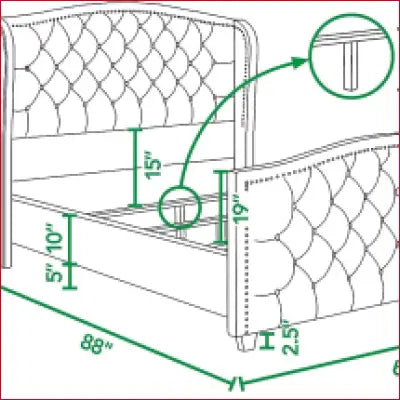 Marcella Upholstered Shelter Headboard Bed Set in Olive Green with dimensions displayed