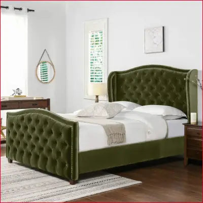 Green tufted bed frame showcasing Marcella Upholstered Shelter Headboard in Olive Green