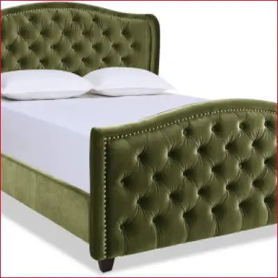 Olive Green Marcella Upholstered Shelter Headboard Bed Set with tufted design