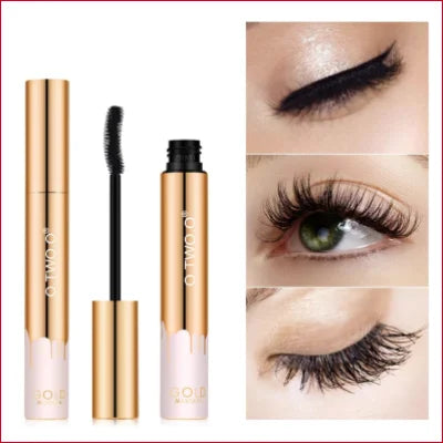 Fashionable Black Mascara tube and wand in elegant gold and pink packaging