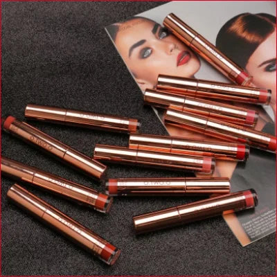 Rose gold metallic lipstick tubes showcasing Convenient Matt Liquid Lipstick on dark surface