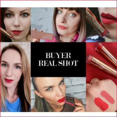 Collage of makeup selfies and swatches featuring Convenient Matt Liquid Lipstick