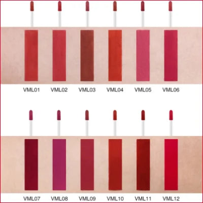 Swatches of red and pink matt liquid lipstick with applicator wands for easy application