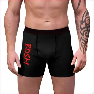 Black men’s boxer briefs with red BDSM text, part of Vibrant All Over Print collection