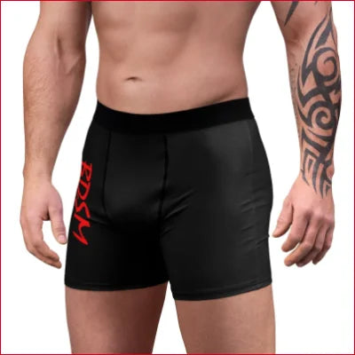 Black men’s boxer briefs with red text, part of Vibrant All Over Print collection