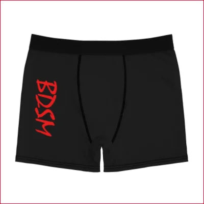 Black men’s boxer briefs featuring bold red BDSM text on the side for a vibrant look