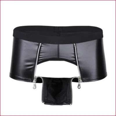 Unusual black faux leather underwear with an open front panel and leather pouch