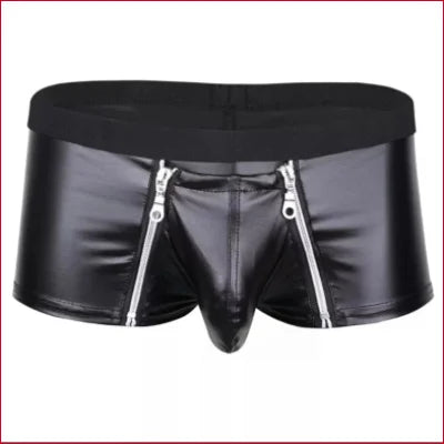 Shiny black faux leather pouch underwear with decorative silver zippers