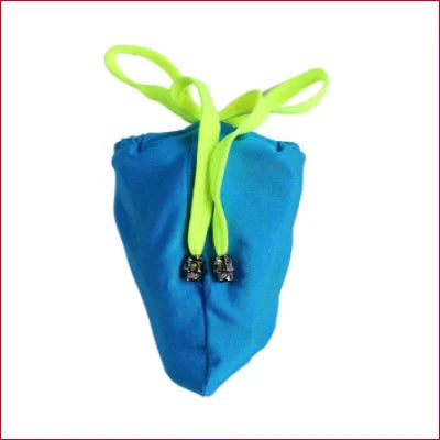 Blue fabric penis pouch bag with neon green drawstring for secure closure