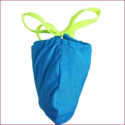 Blue fabric penis pouch bag with neon green straps for a stylish, comfortable fit