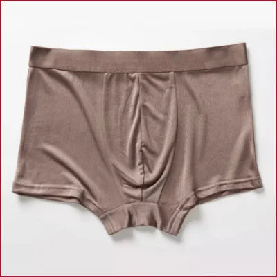 Pair of taupe-colored men’s boxer briefs in luxurious mulberry silk underwear lingerie