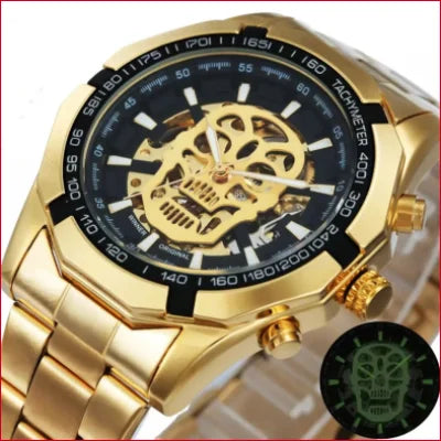 Gold skull wrist watch featuring luminous design and shock resistance for Goth style